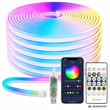 5 m RGB LED neoninė juosta su „Bluetooth“, programėle ir nuotolinio valdymo pultu
