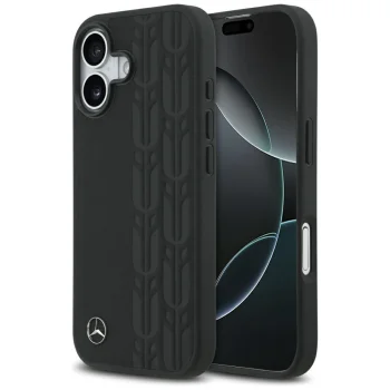 Mercedes dėklas iPhone 17 telefonui Leather Laurel Leaves MagSafe, juodas