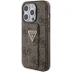Guess Grip Stand 4G Triangle Strass dėklas, skirtas iPhone 15 Pro, rudas