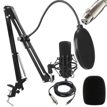 Studijinio kondensatorinio mikrofono rinkinys su stovu ir pop filtru, juodas
