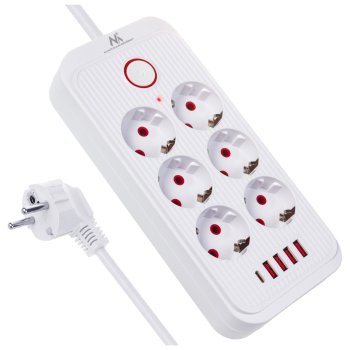Maclean MCE391 W Power Strip, 6 Sockets, 4x USB, 1x USB-C, 2500W, 3m, White