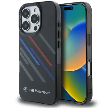 BMW dėklas iPhone 16 Pro telefonui Motorsport IML Random Stripes, juodas