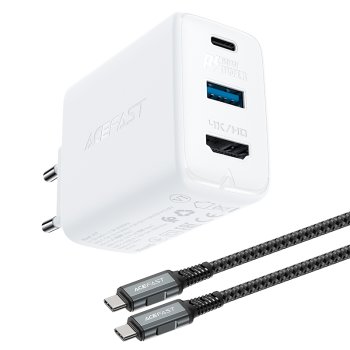 Acefast A17 GaN 2in1 įkroviklis 65W USB-C / USB ir HDMI 4K@60Hz adapteris su laidu, baltas