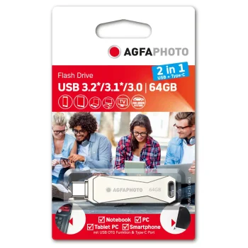 USB atmintinė AgfaPhoto 2in1 64GB USB-C OTG, sidabrinė