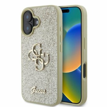 Guess Fixed Glitter Big 4G dėklas, skirtas iPhone 16, auksinis