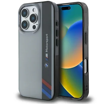 BMW dėklas skirtas iPhone 16 Pro Motorsport IML Vertical Stripe, pilkas