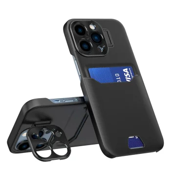 „iPhone 14 Pro Max“ dėklas su stovu ir kortelių kišene, juodas