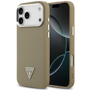 Guess Grained Triangle Logo MagSafe dėklas iPhone 17 Pro Max, rudas