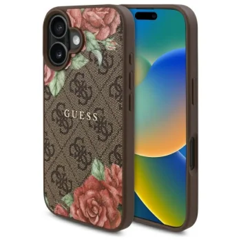 Guess 4G Flowers Print MagSafe dėklas, skirtas iPhone 16, rudas