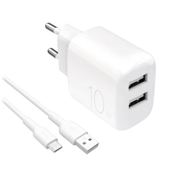 Puro PROLITE 10W įkroviklis su 2x USB-A ir USB-A - USB-C laidu 1.2m, baltas