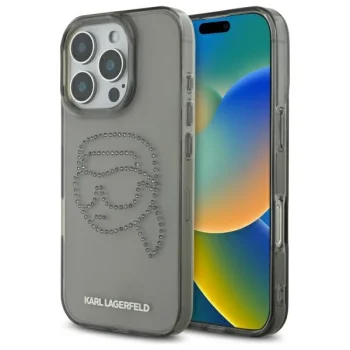 Karl Lagerfeld dėklas iPhone 16 Pro Max telefonui IML Rhinestones Karl Head, juodas