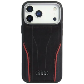 Audi R8 Genuine Leather MagSafe dėklas, skirtas iPhone 17 Pro, juodas/raudonas