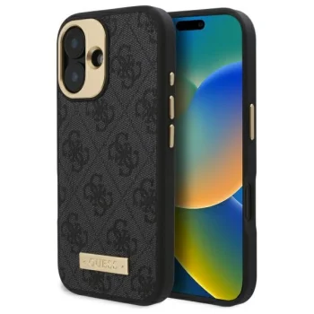 Guess iPhone 16 Plus dėklas 4G Logo Plate MagSafe, juodas