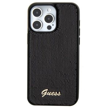 Guess Sequin Script Metal dėklas iPhone 15 telefonui, juodas