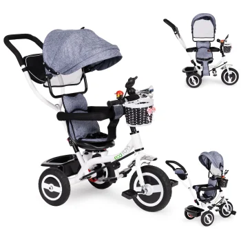 Triratukas Ecotoys JM-066-9L su apsukama kėdute ir stogeliu, pilkas