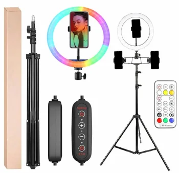 LED RGB žiedinė lempa 30cm su 210cm stovu, juoda