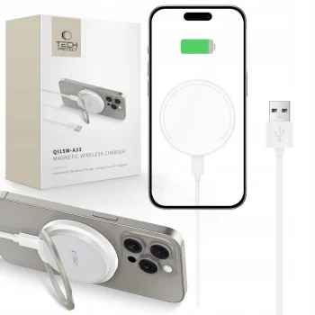Tech-Protect QI15W-A33 belaidis įkroviklis su MagSafe ir stoveliu - baltas