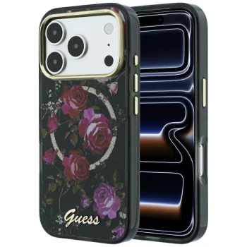 Guess IML Glitter Blossom Roses MagSafe case for iPhone 18 Pro Max / 17 Pro Max, black