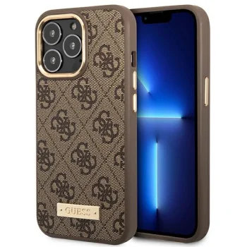 Guess 4G Logo Plate MagSafe dėklas iPhone 14 Pro telefonui, rudas