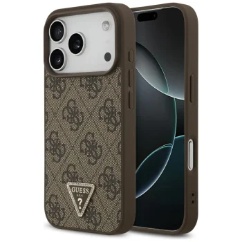 Guess dėklas iPhone 17 Pro telefonui Leather 4G Triangle Strass MagSafe, rudas
