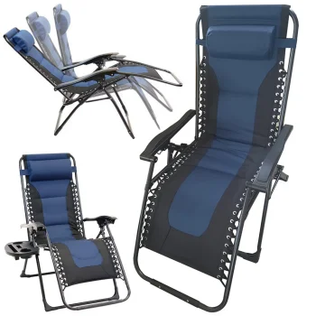 Gravity Folding Garden Lounger with Soft Cushion, Navy Blue & Black