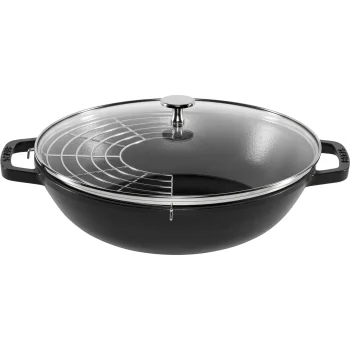 Staub ketaus wok keptuvė su stiklo dangčiu 30 cm, juoda