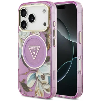 Guess IML Glitter Flowers Triangle MagSafe case for iPhone 18 Pro Max / 17 Pro Max, purple