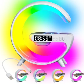 Daugiafunkcis RGB LED stalinis šviestuvas su belaidžiu įkrovikliu ir garsiakalbiu