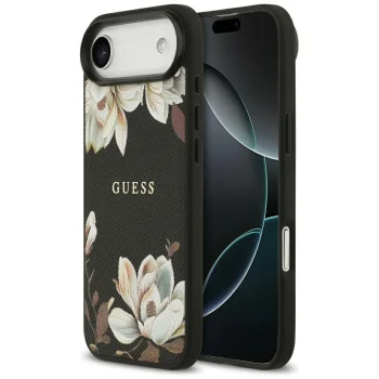 Guess Grained Flowers Classic Logo MagSafe dėklas telefonui iPhone Air, juodas
