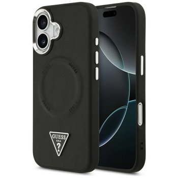 Guess dėklas iPhone 17 telefonui PU Leather Triangle Logo MagSafe, juodas