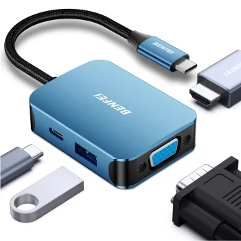 Benfei 4-in-1 USB-C šakotuvas su 4K HDMI, VGA, USB-A ir USB-C, mėlynas