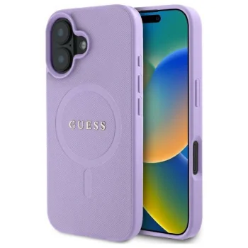 Guess dėklas iPhone 16 telefonui Saffiano MagSafe, violetinis