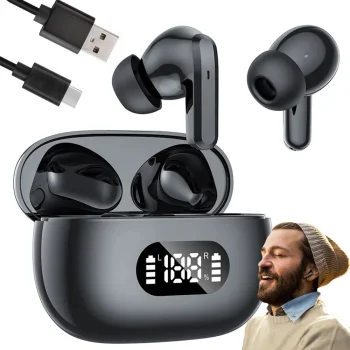 Belaidės Bluetooth į ausis įstatomos ausinės su LED dėklu ir mikrofonu, juodos