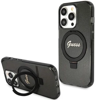 Guess iPhone 15 Pro Case Ring Stand Script Glitter MagSafe, Black