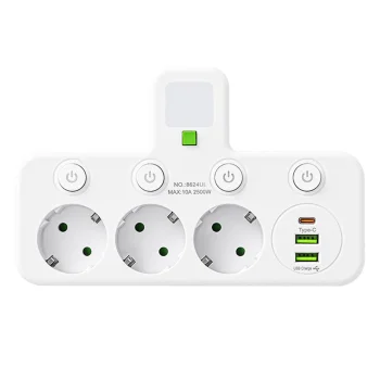 Elektros lizdo šakotuvas su 3 lizdais, 2 USB, USB-C ir naktine lempute
