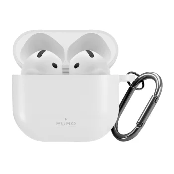 Ausinių dėklas Puro Icon skirtas AirPods 4 su karabinu, Baltas