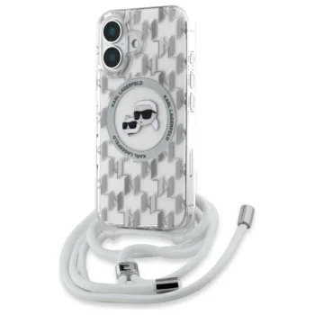 Karl Lagerfeld dėklas iPhone 16 su virvele IML Monogram Karl & Choupette, skaidrus