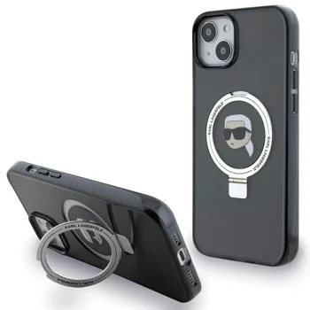 Karl Lagerfeld dėklas iPhone 15 Plus / 14 Plus su žiedu-stovu MagSafe, juodas