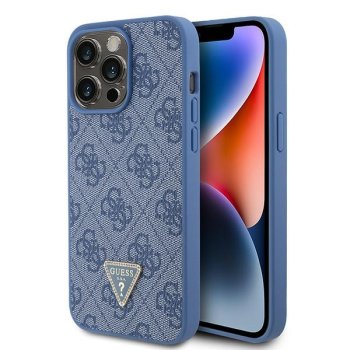 Guess Leather 4G Triangle Strass dėklas iPhone 15 Pro Max telefonui, mėlynas