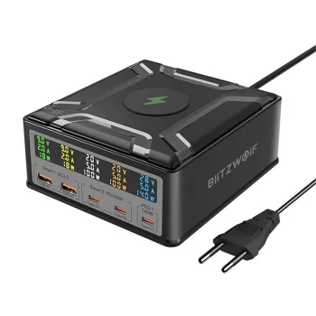 Blitzwolf BW-S28 260W Desktop Charger, 2xUSB-A, 3xUSB-C, 15W Wireless, Black