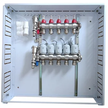 Grindinio šildymo kolektorius 5 kontūrų su NC AC230V pavaromis ir debitmačiais