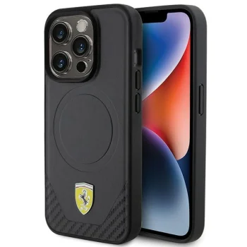 Dėklas Ferrari Carbon Metal Logo MagSafe skirtas iPhone 15 Pro, juodas