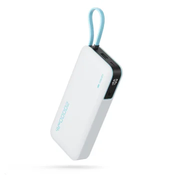 Cuktech 55W išorinė baterija 20000mAh su įmontuotu USB-C laidu, balta