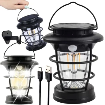 Soliarinis kempingo žibintas LED su judesio ir sutemų jutikliu USB, juodas