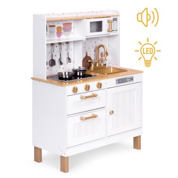 Didelė medinė žaislinė virtuvėlė Ecotoys 7275 su garsu ir LED, 7 priedai