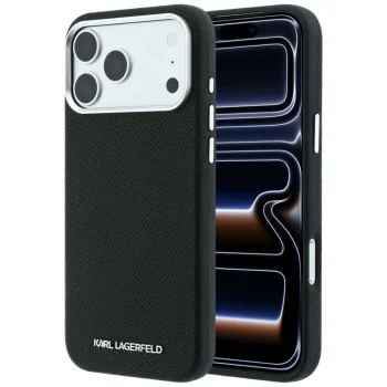 Karl Lagerfeld Grained Elongated Logo MagSafe dėklas iPhone 17 Pro / 18 Pro, juodas
