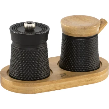 Peugeot Bali Fonte pipirų malūnėlio ir druskinės rinkinys su padėklu 8 cm, juodas