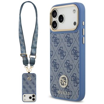 Guess 4G Strass Logo MagSafe dėklas su dirželiu iPhone 17 Pro Max, mėlynas