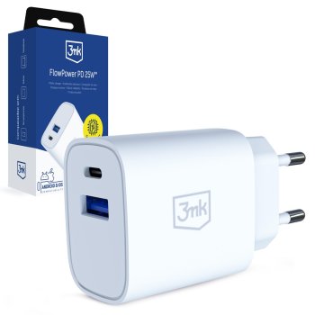 Sieninis įkroviklis 3Mk Protection FlowPower 25W, USB-C ir USB-A, baltas