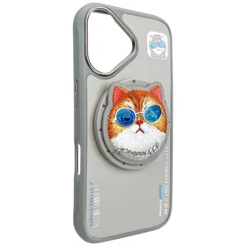 Dėklas Nimmy Glasses Cool Cat MagSafe skirtas iPhone 16 6.1", su stovu, pilkas